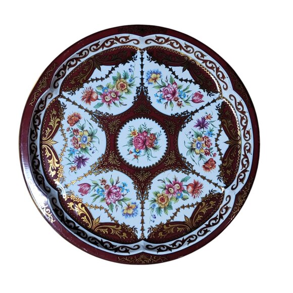 2 Vtg Daher Decorated Ware Round Metal Trays Red Floral 13" Diameter England - Picture 2 of 8